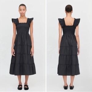 Hill House Ellie Nap Dress Black Smocked Ruffle Midi Cotton Small Cottagecore
